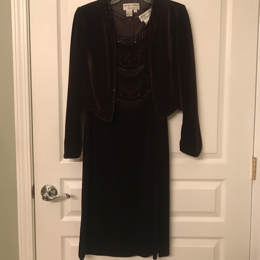 Adrianna Papéll Brown Dress and Cardigan Set